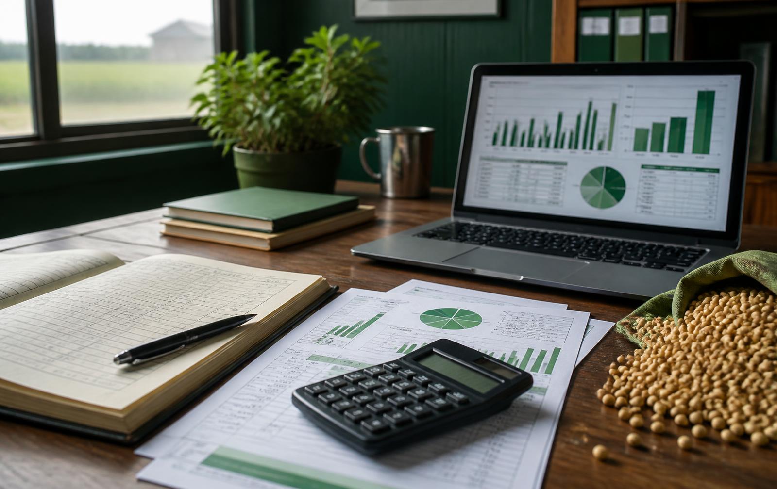 Mesa de escritório contábil rural com livro caixa, planilhas de custo, calculadora e grãos de soja