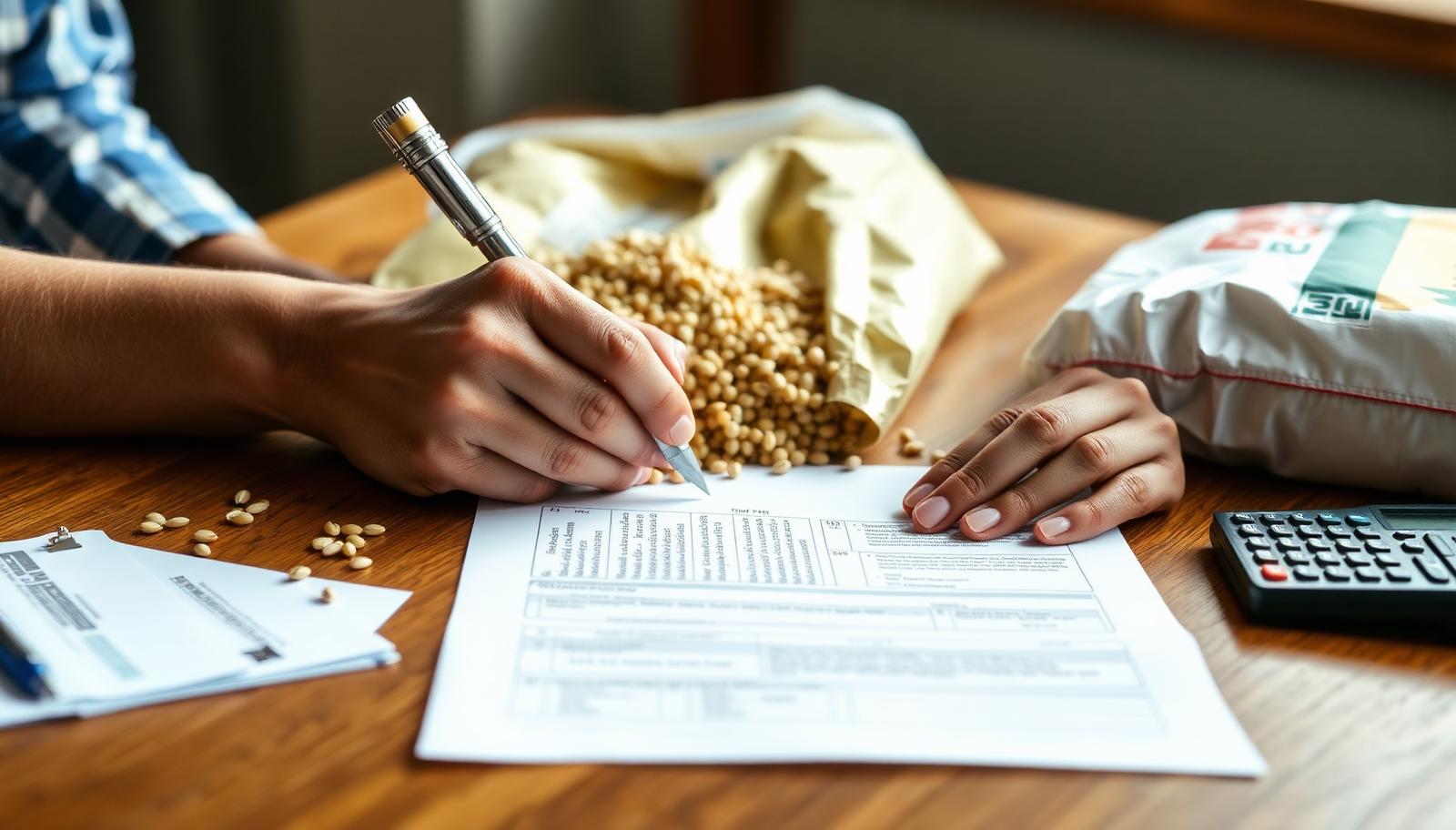 Mãos assinando contrato agrícola sobre mesa de madeira com sementes de soja, saco de fertilizante e calculadora